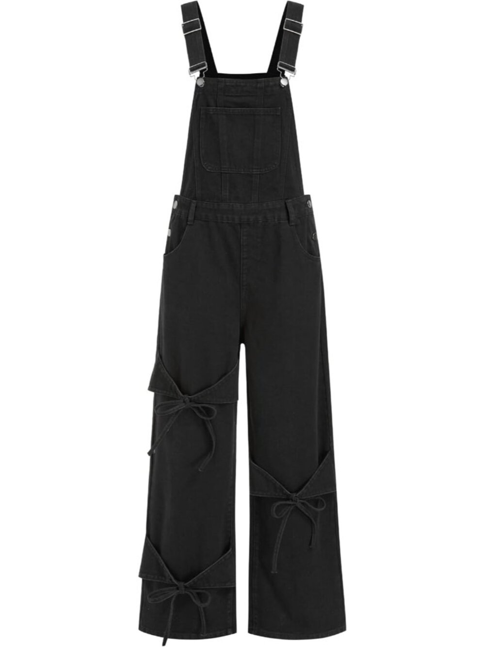 Women's Black Denim Bow Knot Overall Pocket Jumpsuit Adjustable Strap Romper